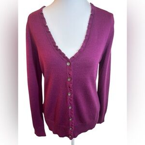 L.L.Bean Women’s Merino Wool Blend Ruffle Trim Cardigan Sweater Small